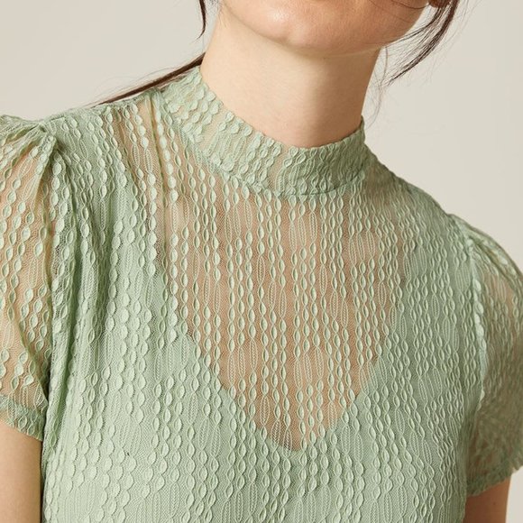 Light Green Lace Short Sleeve Mock Neck Top in M - Picture 2 of 5